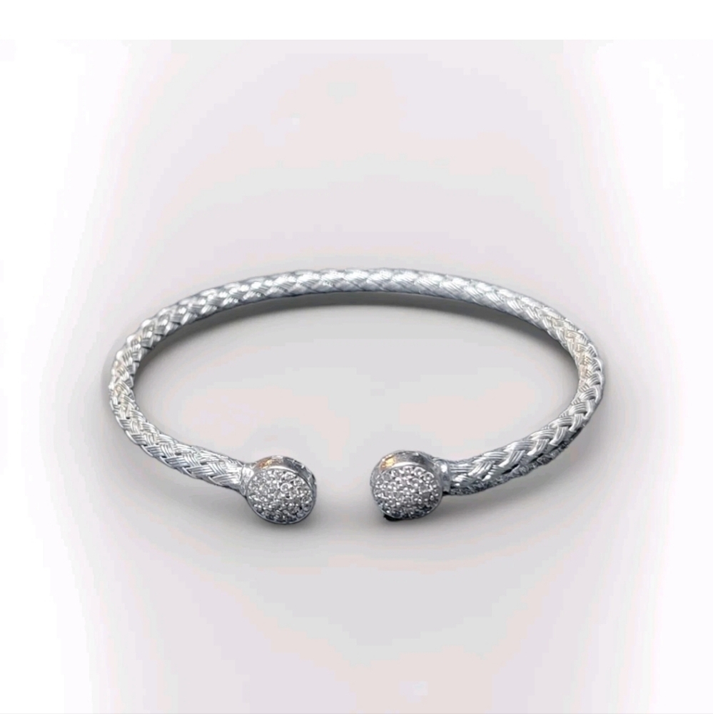Elegant Italian Silver Braided Bracelet with Diamond Accents